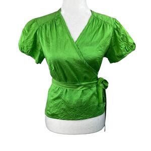 Vintage Y2K Calypso Christiane Celle Green Silk Wrap Blouse Puff Sleeve Medium